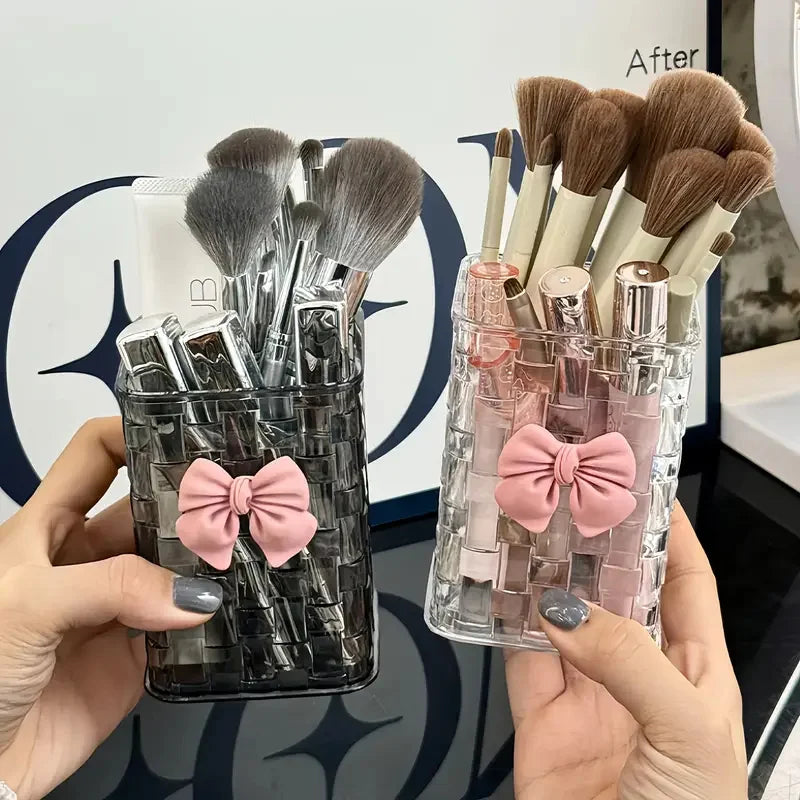 Clear Makeup Brush Organizer with Bow Decoration Braided Texture Comestic Tools Storage Box for Brushes Lipsticks Eyebrow Pen