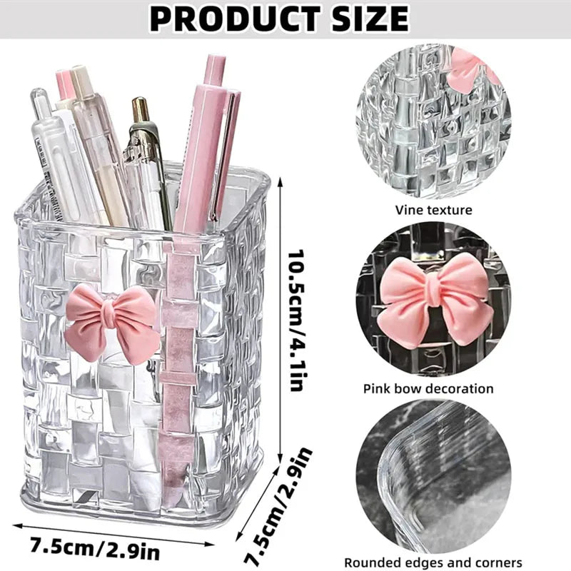Clear Makeup Brush Organizer with Bow Decoration Braided Texture Comestic Tools Storage Box for Brushes Lipsticks Eyebrow Pen