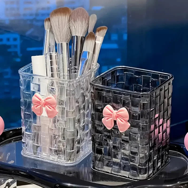 Clear Makeup Brush Organizer with Bow Decoration Braided Texture Comestic Tools Storage Box for Brushes Lipsticks Eyebrow Pen