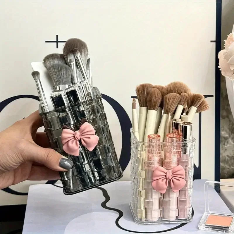 Clear Makeup Brush Organizer with Bow Decoration Braided Texture Comestic Tools Storage Box for Brushes Lipsticks Eyebrow Pen