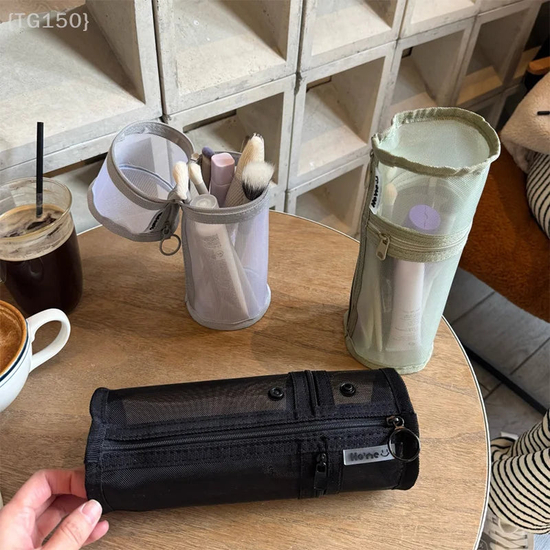 Portable Makeup Brush Organizer - Mesh Stand-up Pouch with Large Capacity & Travel-Friendly Design