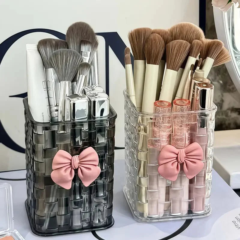Clear Makeup Brush Organizer with Bow Decoration Braided Texture Comestic Tools Storage Box for Brushes Lipsticks Eyebrow Pen