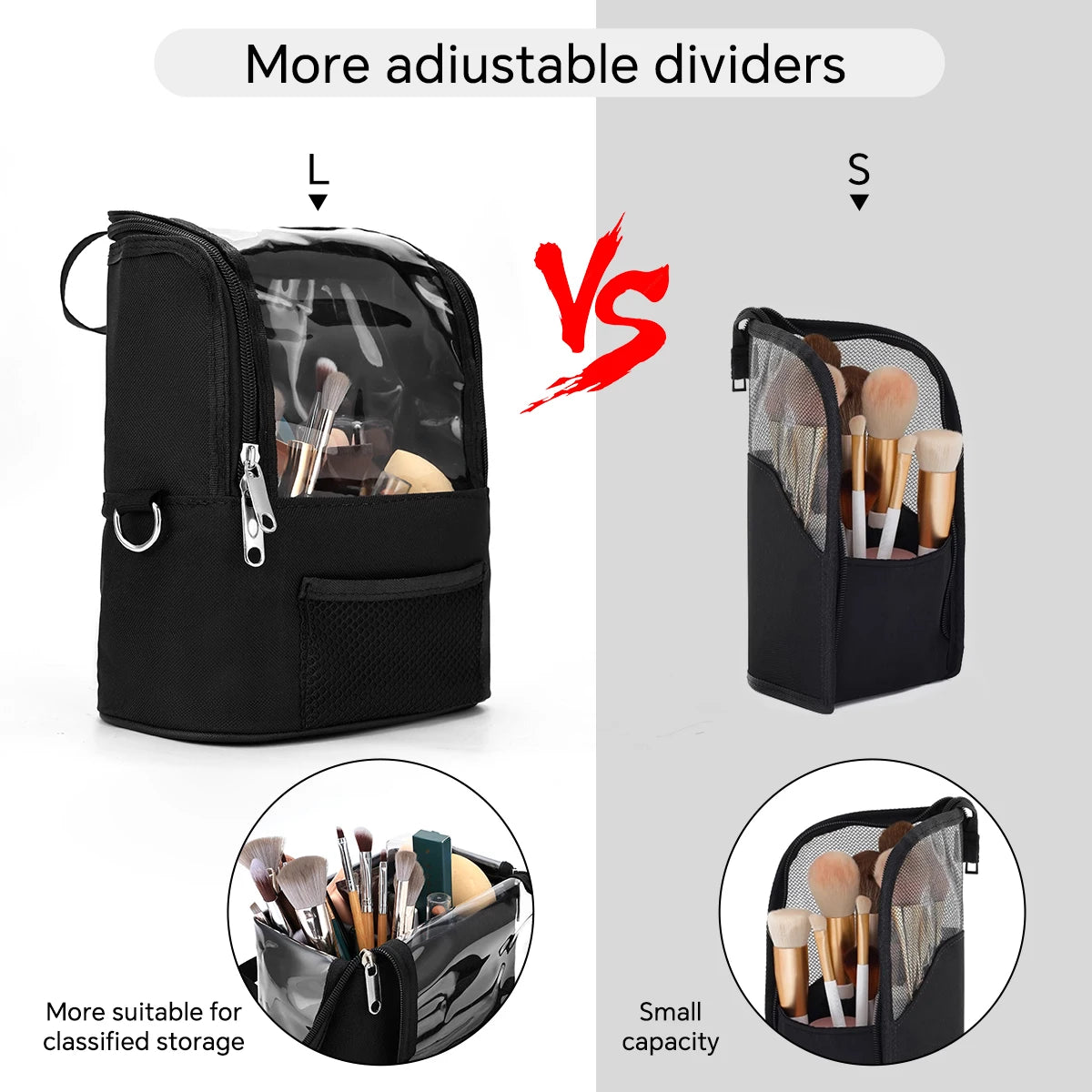 Clear Large Capacity Makeup Brush Organizer with Lid, Portable Stand-up Storage Bag Case for Artist - Dividers & Strap