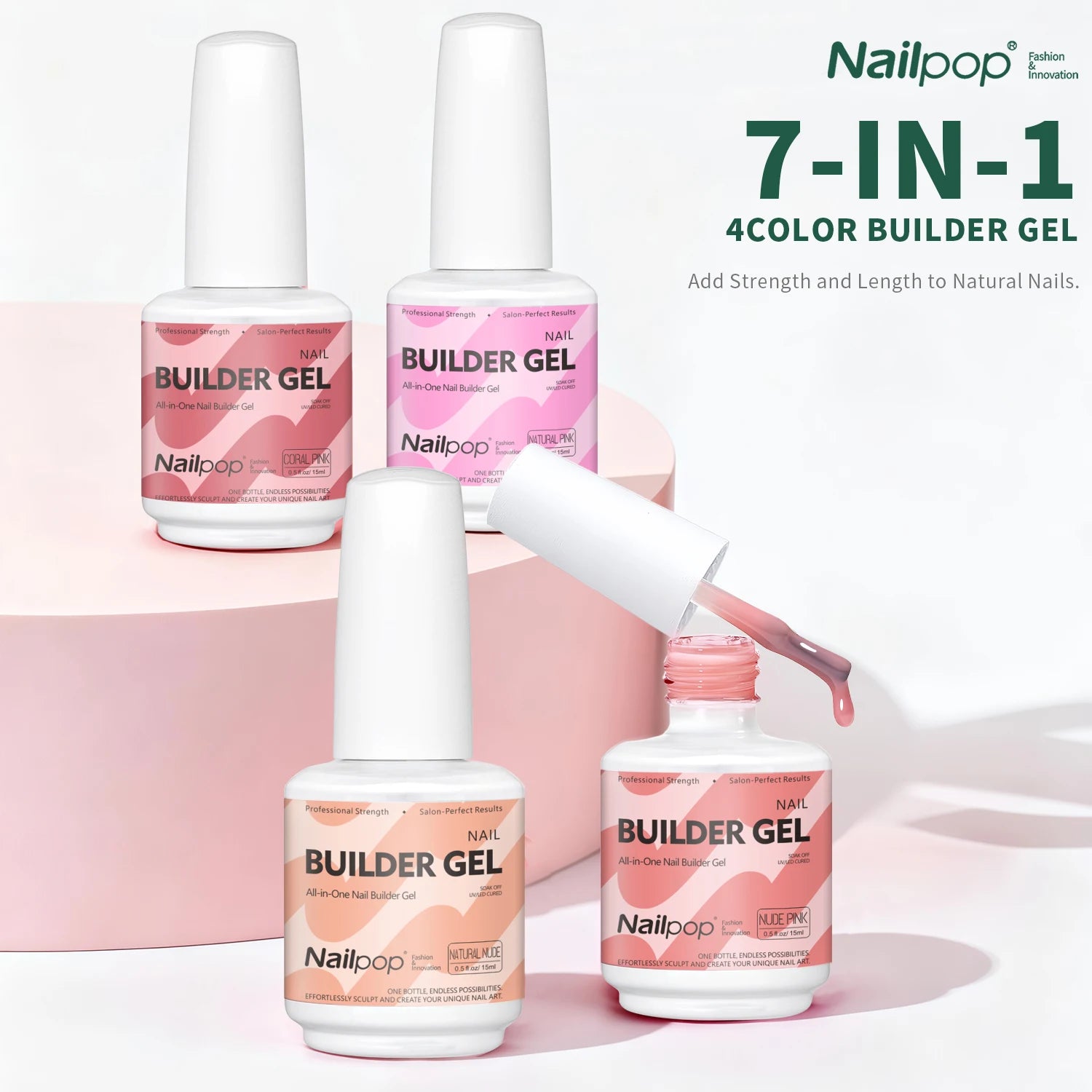 Nailpop 7IN1 Builder Gel Multi Functional 15ml For Nail Extension Strength Apex Building Base Top Coat Nail Gel French Manicure