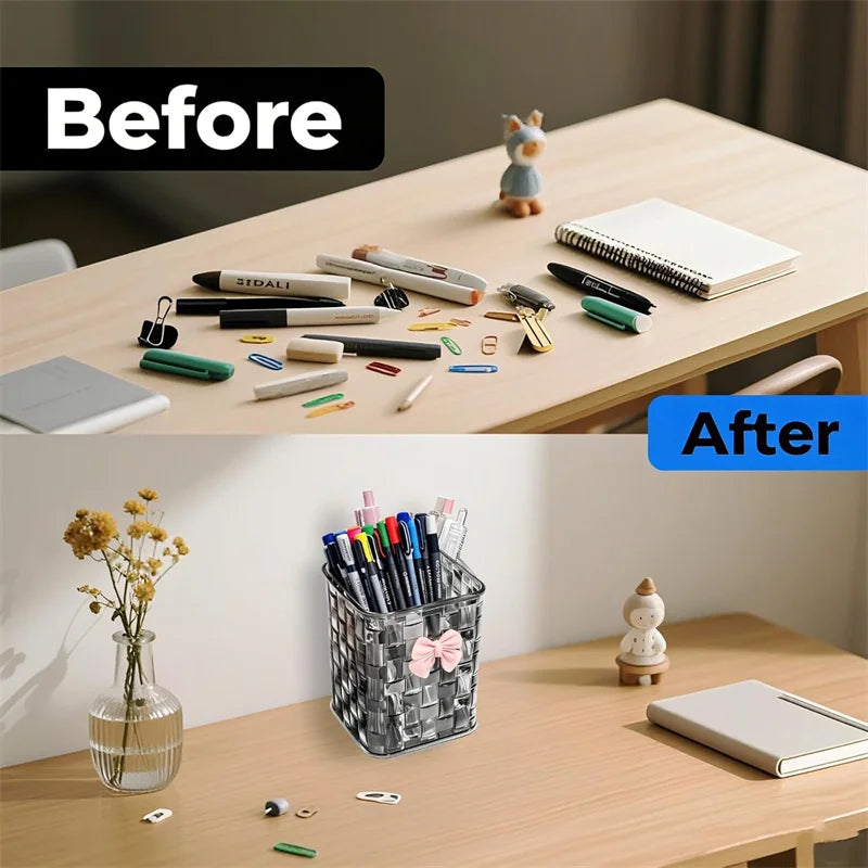 Clear Makeup Brush Organizer with Bow Decoration Braided Texture Comestic Tools Storage Box for Brushes Lipsticks Eyebrow Pen