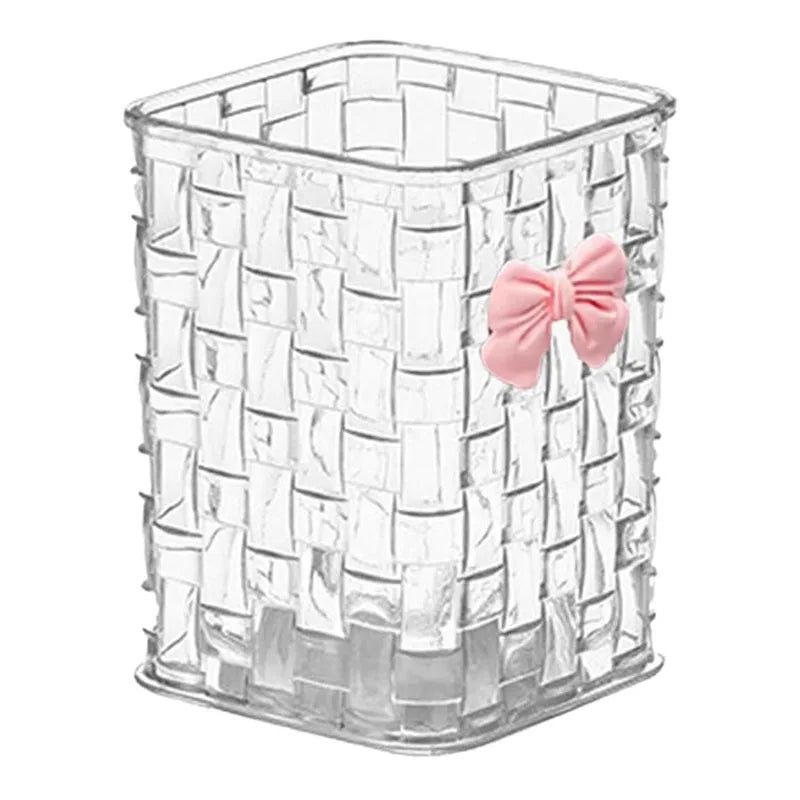 Clear Makeup Brush Organizer with Bow Decoration Braided Texture Comestic Tools Storage Box for Brushes Lipsticks Eyebrow Pen