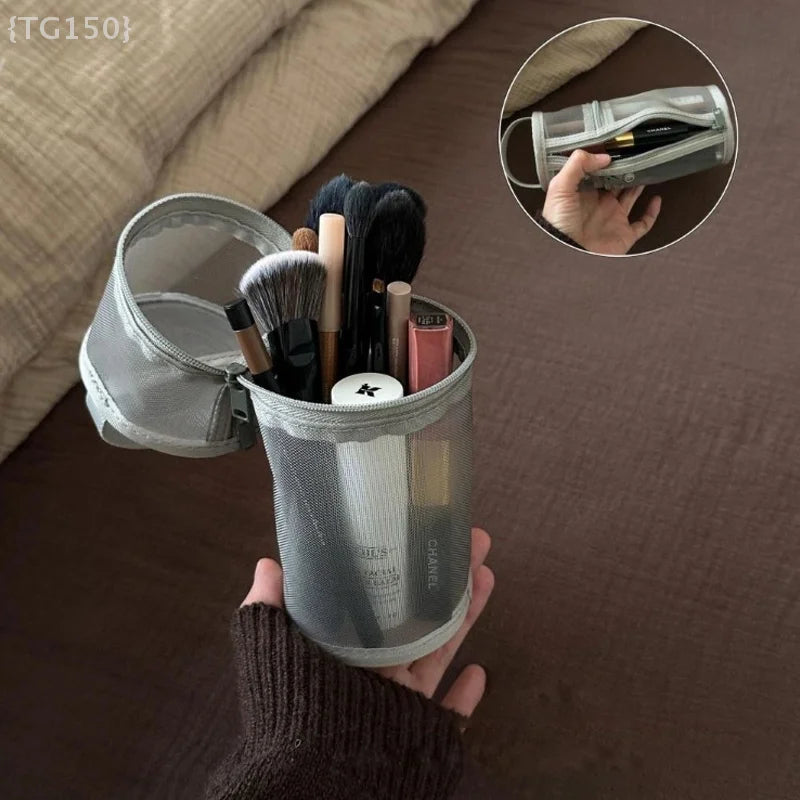 Portable Makeup Brush Organizer - Mesh Stand-up Pouch with Large Capacity & Travel-Friendly Design
