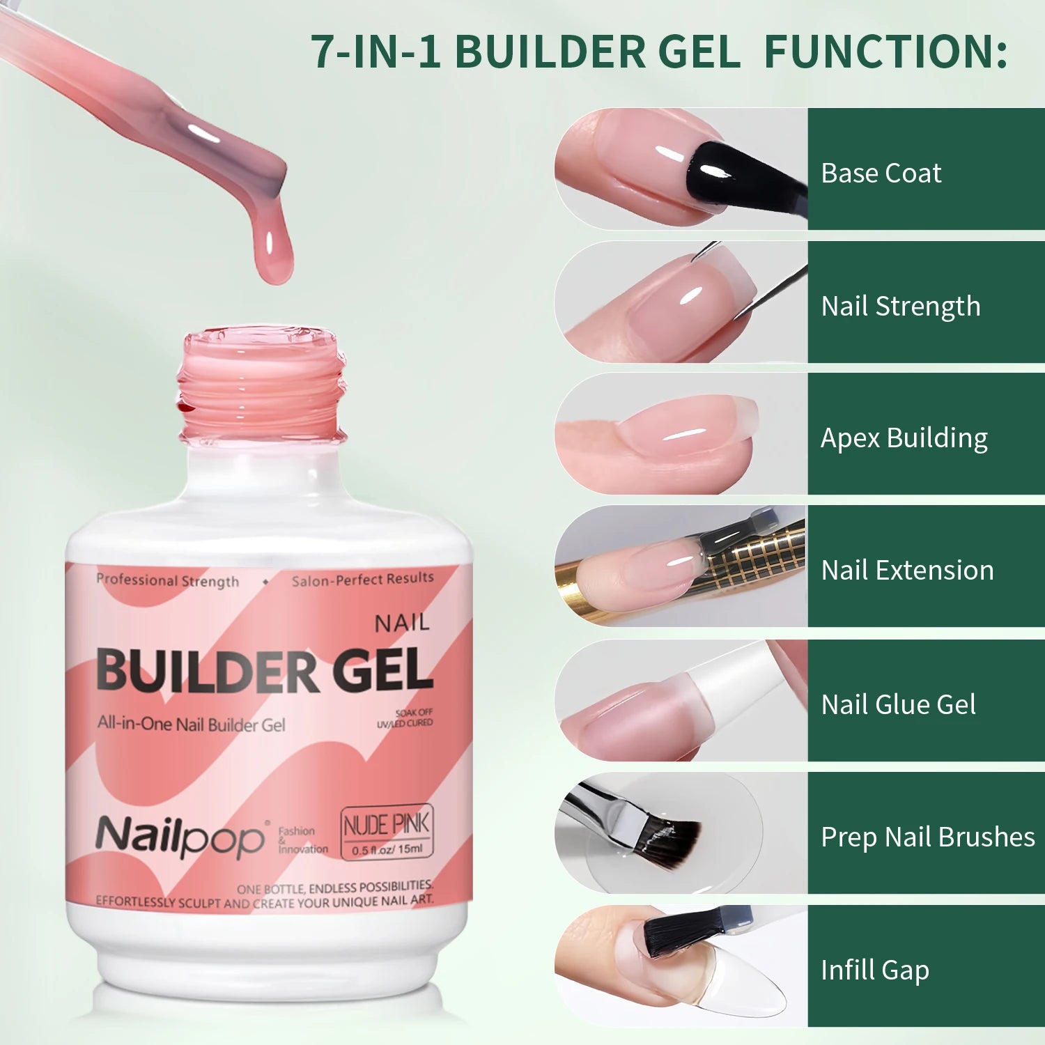 Nailpop 7IN1 Builder Gel Multi Functional 15ml For Nail Extension Strength Apex Building Base Top Coat Nail Gel French Manicure
