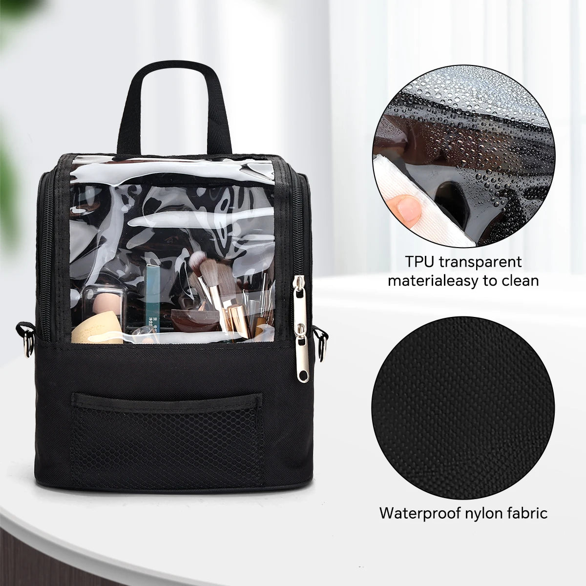 Clear Large Capacity Makeup Brush Organizer with Lid, Portable Stand-up Storage Bag Case for Artist - Dividers & Strap