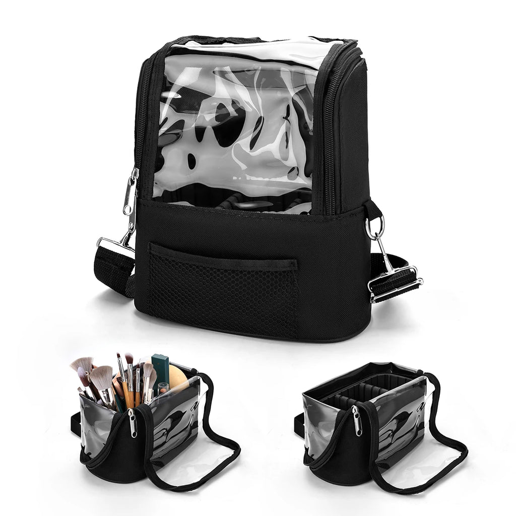 Clear Large Capacity Makeup Brush Organizer with Lid, Portable Stand-up Storage Bag Case for Artist - Dividers & Strap