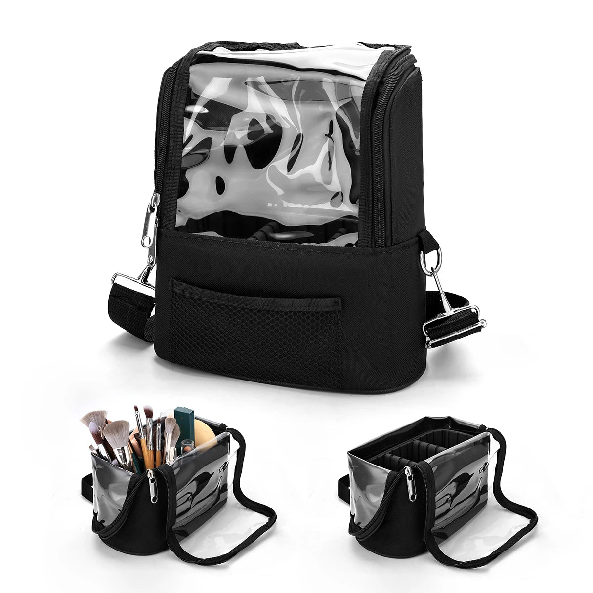Clear Large Capacity Makeup Brush Organizer with Lid, Portable Stand-up Storage Bag Case for Artist - Dividers & Strap