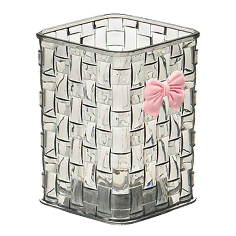 Clear Makeup Brush Organizer with Bow Decoration Braided Texture Comestic Tools Storage Box for Brushes Lipsticks Eyebrow Pen